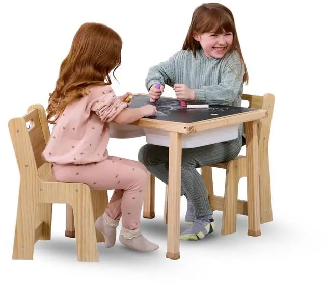 Main image of Cordia Kids Table and Chair Set - Montessori-Inspired Kids Workbench - with Two Chairs, Two Collapsible Bucket Inserts, and Chalkboard - Baby Activity Table