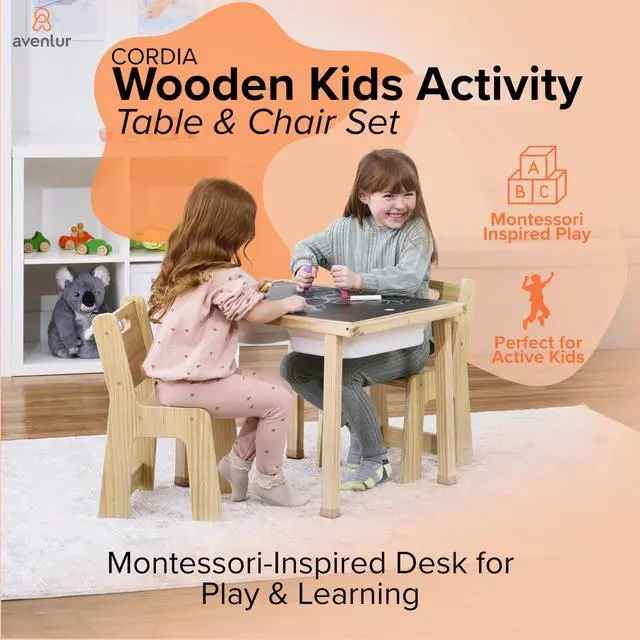 Alt view image 2 of 6 - Cordia Kids Table and Chair Set - Montessori-Inspired Kids Workbench - with Two Chairs, Two Collapsible Bucket Inserts, and Chalkboard - Baby Activity Table