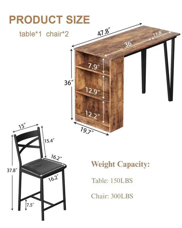 Alt view image 2 of 6 - Extendable Bar Table Set for 2, 16 in Wide Cushions for Comfortable Seating, Bar Table and Chairs Set, Suitable for 2-4 People, Sturdy and Durable New Choice, Brown