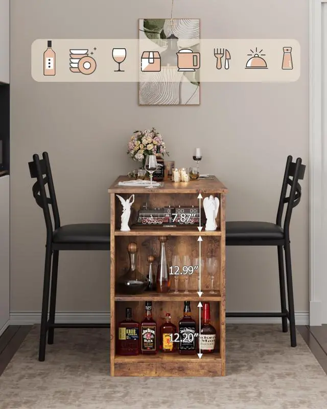 Alt view image 3 of 6 - Extendable Bar Table Set for 2, 16 in Wide Cushions for Comfortable Seating, Bar Table and Chairs Set, Suitable for 2-4 People, Sturdy and Durable New Choice, Brown