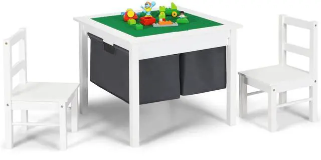 Main image of Kids Table and Chairs, 2 in 1 Wooden Activity Desk w/Building Block Double-Sided Tabletop & 2 Large Storage Drawers, Toddler Table and Chair Set for Preschool, Nursery, Kindergarten (White)