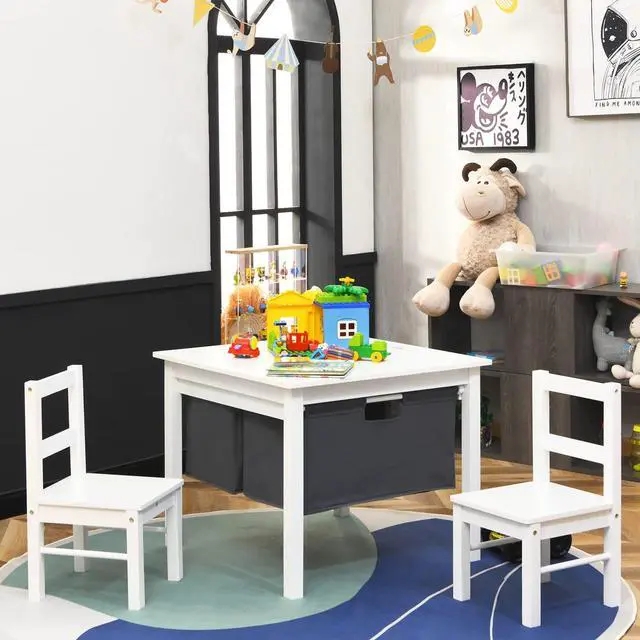 Alt view image 2 of 6 - Kids Table and Chairs, 2 in 1 Wooden Activity Desk w/Building Block Double-Sided Tabletop & 2 Large Storage Drawers, Toddler Table and Chair Set for Preschool, Nursery, Kindergarten (White)