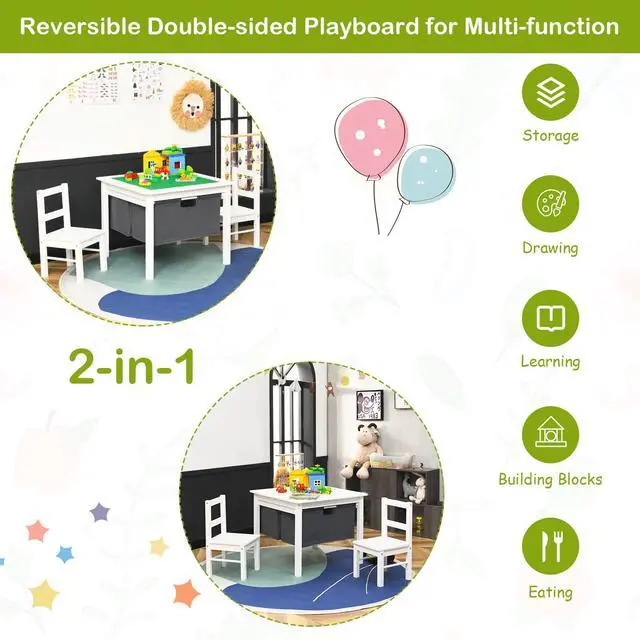 Alt view image 3 of 6 - Kids Table and Chairs, 2 in 1 Wooden Activity Desk w/Building Block Double-Sided Tabletop & 2 Large Storage Drawers, Toddler Table and Chair Set for Preschool, Nursery, Kindergarten (White)