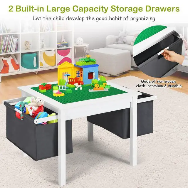 Alt view image 4 of 6 - Kids Table and Chairs, 2 in 1 Wooden Activity Desk w/Building Block Double-Sided Tabletop & 2 Large Storage Drawers, Toddler Table and Chair Set for Preschool, Nursery, Kindergarten (White)