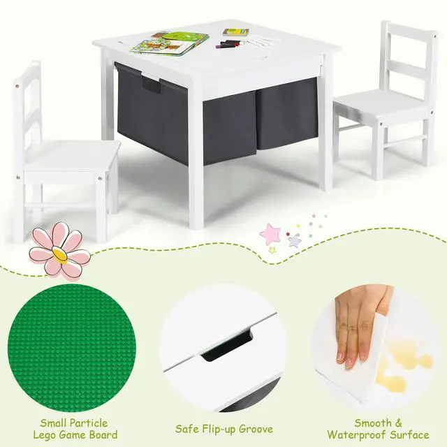 Alt view image 5 of 6 - Kids Table and Chairs, 2 in 1 Wooden Activity Desk w/Building Block Double-Sided Tabletop & 2 Large Storage Drawers, Toddler Table and Chair Set for Preschool, Nursery, Kindergarten (White)
