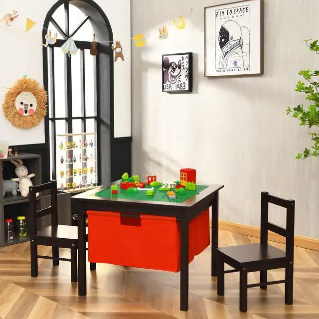 Alt view image 2 of 6 - Kids Table and Chairs, 2 in 1 Wooden Activity Desk w/Building Block Double-Sided Tabletop & 2 Large Storage Drawers, Toddler Table and Chair Set for Preschool, Nursery, Kindergarten(Espresso)