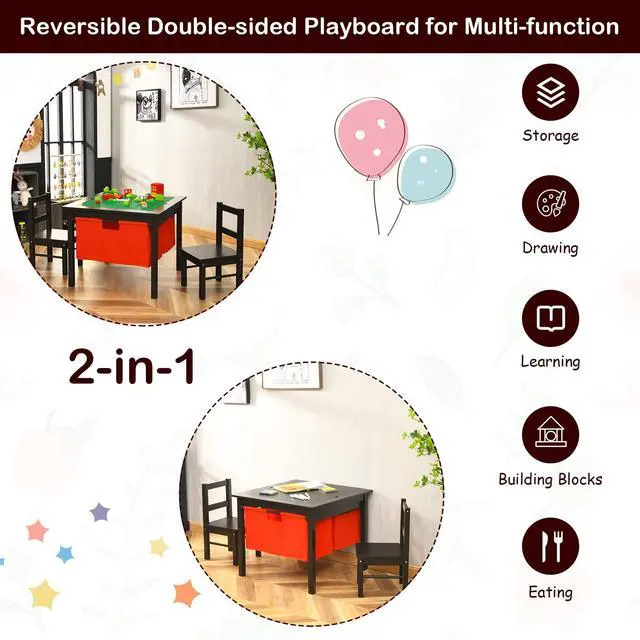 Alt view image 3 of 6 - Kids Table and Chairs, 2 in 1 Wooden Activity Desk w/Building Block Double-Sided Tabletop & 2 Large Storage Drawers, Toddler Table and Chair Set for Preschool, Nursery, Kindergarten(Espresso)