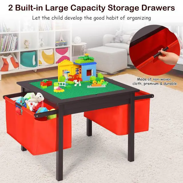 Alt view image 4 of 6 - Kids Table and Chairs, 2 in 1 Wooden Activity Desk w/Building Block Double-Sided Tabletop & 2 Large Storage Drawers, Toddler Table and Chair Set for Preschool, Nursery, Kindergarten(Espresso)