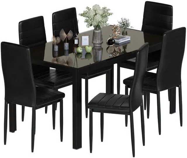 Main image of Dining Table Set for 6, Tempered Glass Kitchen Table with 6 PU Leather Chairs, 7-Piece Dining Room Sets for Small Space, Dinette, Apartment
