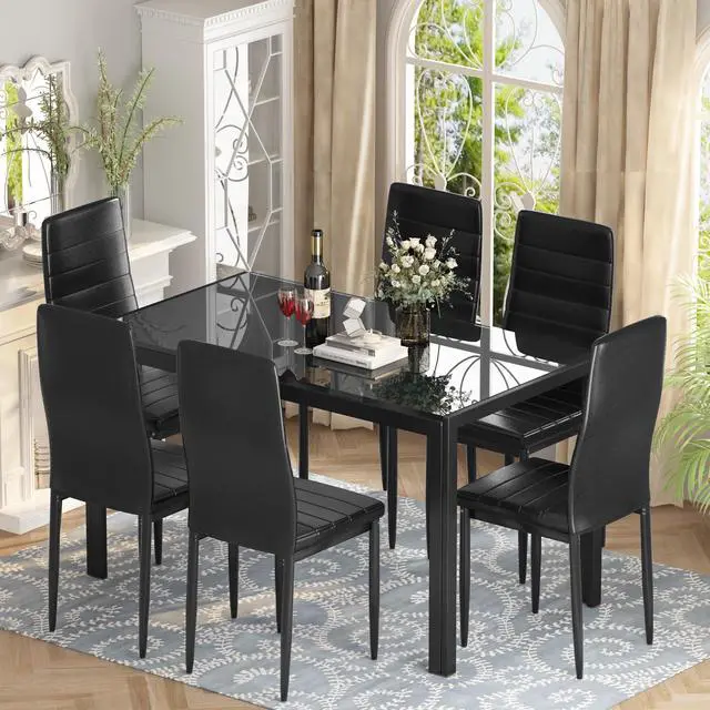 Alt view image 2 of 6 - Dining Table Set for 6, Tempered Glass Kitchen Table with 6 PU Leather Chairs, 7-Piece Dining Room Sets for Small Space, Dinette, Apartment