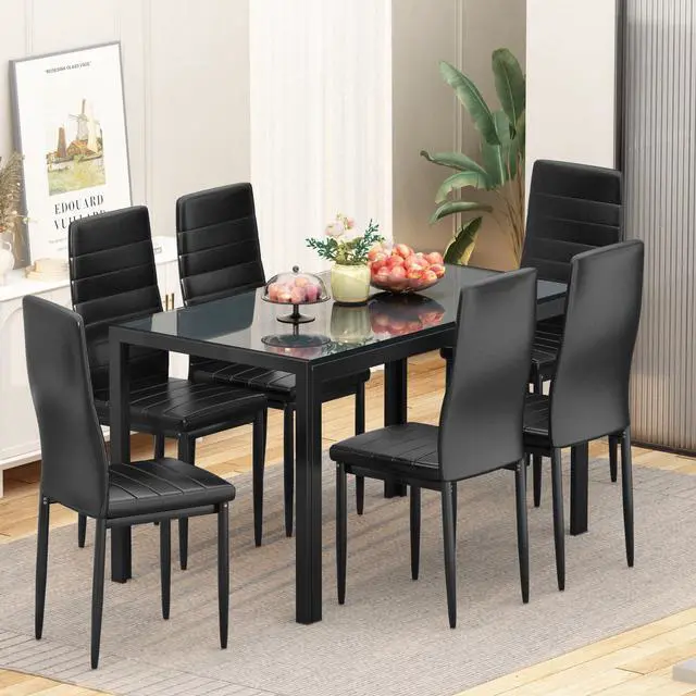 Alt view image 3 of 6 - Dining Table Set for 6, Tempered Glass Kitchen Table with 6 PU Leather Chairs, 7-Piece Dining Room Sets for Small Space, Dinette, Apartment