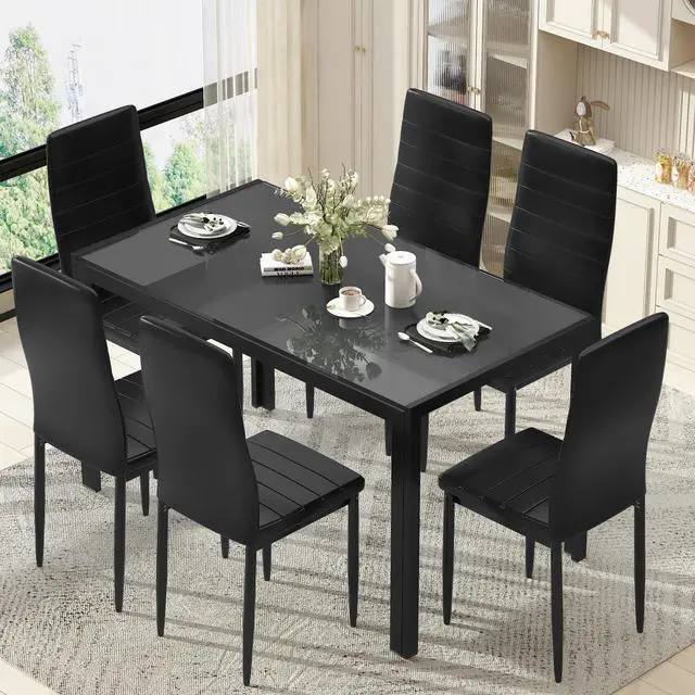 Alt view image 4 of 6 - Dining Table Set for 6, Tempered Glass Kitchen Table with 6 PU Leather Chairs, 7-Piece Dining Room Sets for Small Space, Dinette, Apartment
