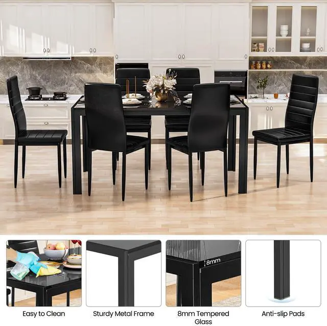 Alt view image 5 of 6 - Dining Table Set for 6, Tempered Glass Kitchen Table with 6 PU Leather Chairs, 7-Piece Dining Room Sets for Small Space, Dinette, Apartment