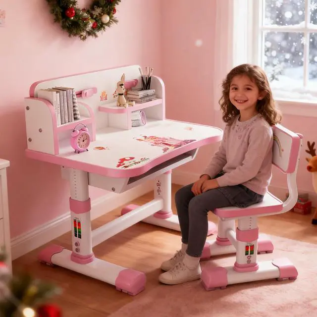 Main image of Kids Functional Desk and Chair Set, Height Adjustable Children School Study Table Chair Set with Cartoon Pattern, Ergonomic Desk Chair with Large Writing Board, Bookshelf and Book Bucket Pink