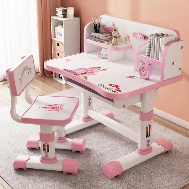 Alt view image 3 of 6 - Kids Functional Desk and Chair Set, Height Adjustable Children School Study Table Chair Set with Cartoon Pattern, Ergonomic Desk Chair with Large Writing Board, Bookshelf and Book Bucket Pink