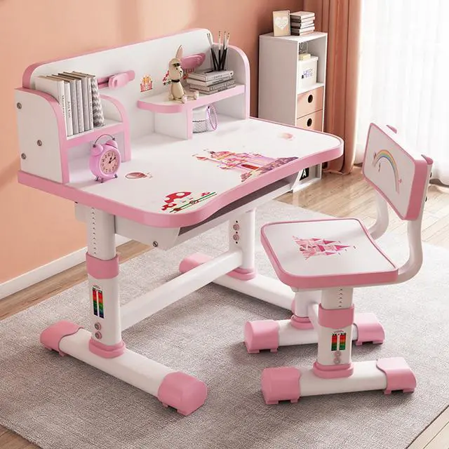 Alt view image 4 of 6 - Kids Functional Desk and Chair Set, Height Adjustable Children School Study Table Chair Set with Cartoon Pattern, Ergonomic Desk Chair with Large Writing Board, Bookshelf and Book Bucket Pink