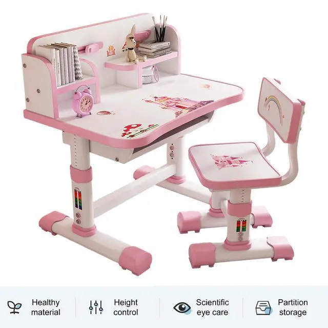 Alt view image 6 of 6 - Kids Functional Desk and Chair Set, Height Adjustable Children School Study Table Chair Set with Cartoon Pattern, Ergonomic Desk Chair with Large Writing Board, Bookshelf and Book Bucket Pink