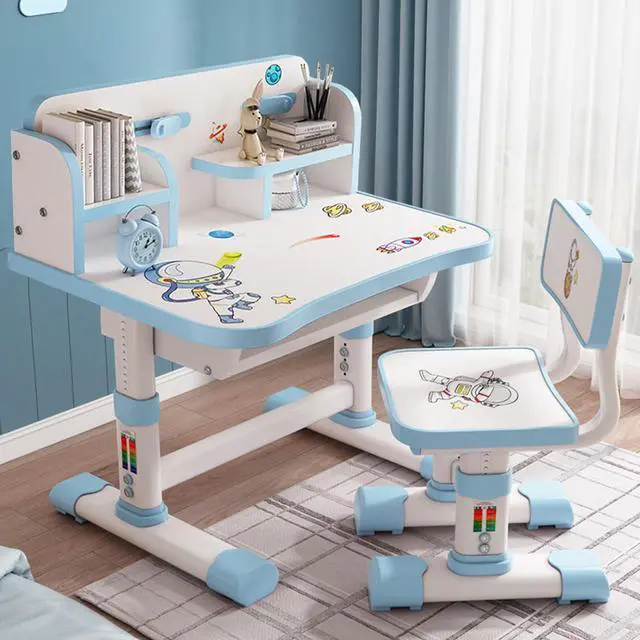 Alt view image 3 of 6 - Kids Functional Desk and Chair Set, Height Adjustable Children School Study Table Chair Set with Cartoon Pattern, Ergonomic Desk Chair with Large Writing Board, Bookshelf and Book Bucket Blue