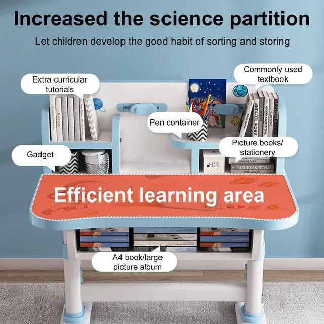 Alt view image 4 of 6 - Kids Functional Desk and Chair Set, Height Adjustable Children School Study Table Chair Set with Cartoon Pattern, Ergonomic Desk Chair with Large Writing Board, Bookshelf and Book Bucket Blue