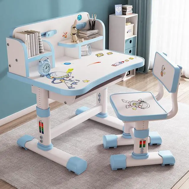 Alt view image 5 of 6 - Kids Functional Desk and Chair Set, Height Adjustable Children School Study Table Chair Set with Cartoon Pattern, Ergonomic Desk Chair with Large Writing Board, Bookshelf and Book Bucket Blue