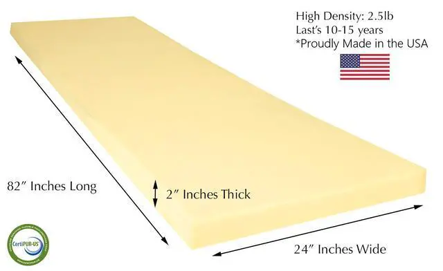 Alt view image 2 of 5 - High Resilience 2.5lb Density Replacement Seat Cushion Upholstery Foam for Sofa or Dining Chair, 2 Inch Thick, CertiPUR-US Certified, EXTRA LONG (2 x 24 x 82)