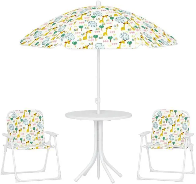 Main image of Kids Picnic Table and Chair Set, Outdoor Activity Table with Foldable Chairs, Removable Umbrella, Elephant and Giraffe Pattern Toddler Patio Furniture for Backyard, Garden, White
