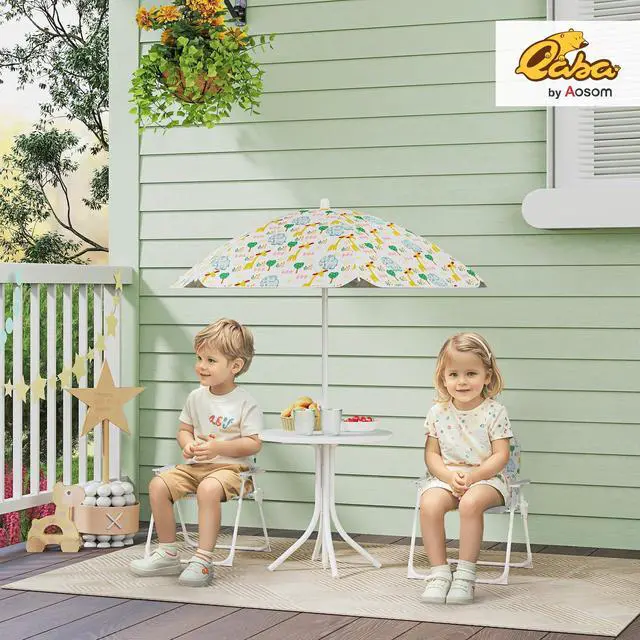 Alt view image 2 of 6 - Kids Picnic Table and Chair Set, Outdoor Activity Table with Foldable Chairs, Removable Umbrella, Elephant and Giraffe Pattern Toddler Patio Furniture for Backyard, Garden, White
