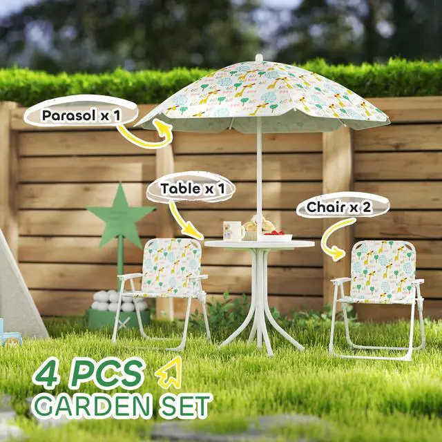 Alt view image 3 of 6 - Kids Picnic Table and Chair Set, Outdoor Activity Table with Foldable Chairs, Removable Umbrella, Elephant and Giraffe Pattern Toddler Patio Furniture for Backyard, Garden, White