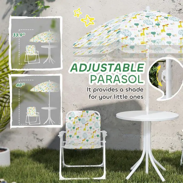 Alt view image 4 of 6 - Kids Picnic Table and Chair Set, Outdoor Activity Table with Foldable Chairs, Removable Umbrella, Elephant and Giraffe Pattern Toddler Patio Furniture for Backyard, Garden, White