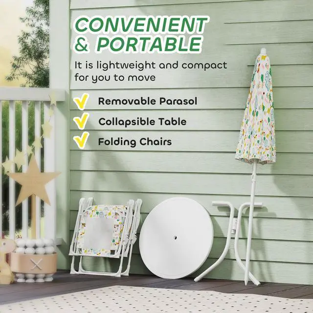 Alt view image 5 of 6 - Kids Picnic Table and Chair Set, Outdoor Activity Table with Foldable Chairs, Removable Umbrella, Elephant and Giraffe Pattern Toddler Patio Furniture for Backyard, Garden, White