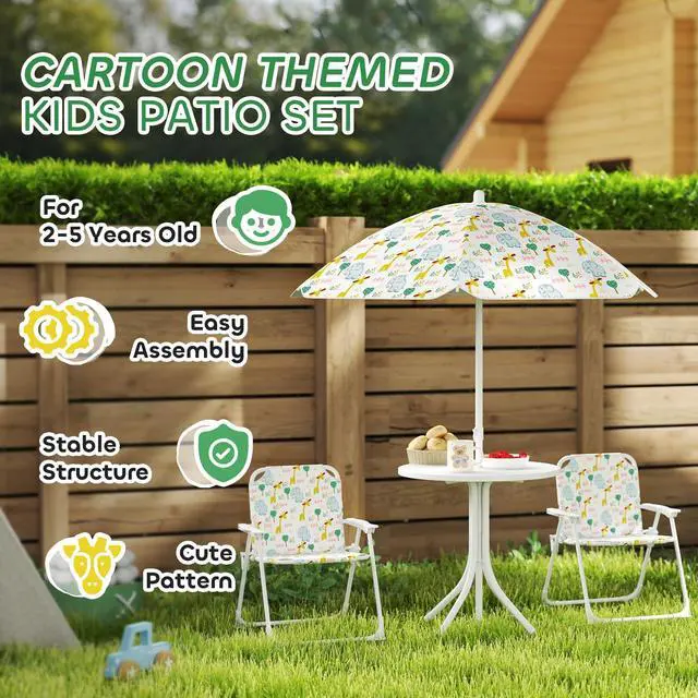 Alt view image 6 of 6 - Kids Picnic Table and Chair Set, Outdoor Activity Table with Foldable Chairs, Removable Umbrella, Elephant and Giraffe Pattern Toddler Patio Furniture for Backyard, Garden, White