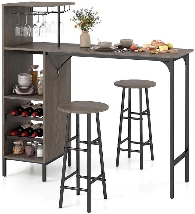 Main image of 3 Pieces Bar Table and Stools Set, Bistro Table Set with Glass Holder, 2 Tier Wine Rack & Storage Shelves, Kitchen Counter Table with 2 Stools for Home, Dining Room, Restaurant (Oak Gray)