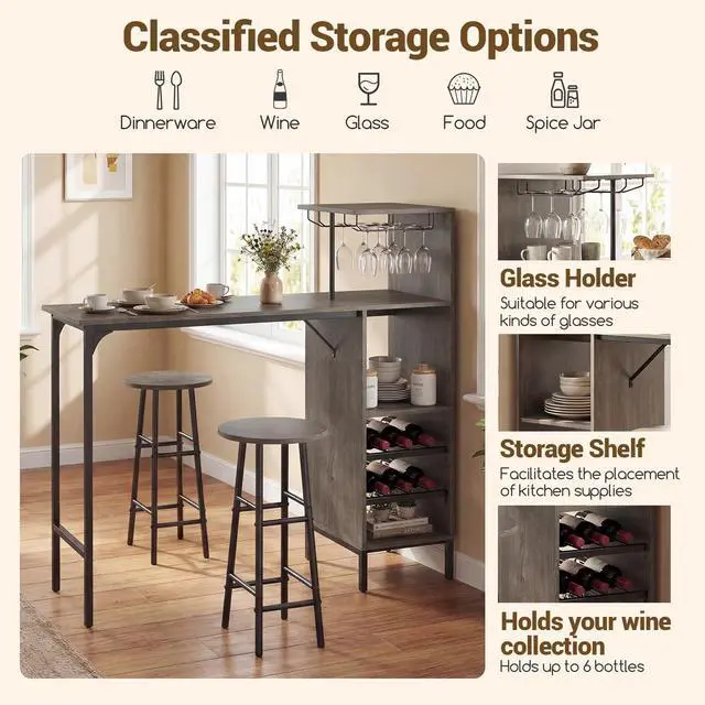 Alt view image 3 of 6 - 3 Pieces Bar Table and Stools Set, Bistro Table Set with Glass Holder, 2 Tier Wine Rack & Storage Shelves, Kitchen Counter Table with 2 Stools for Home, Dining Room, Restaurant (Oak Gray)