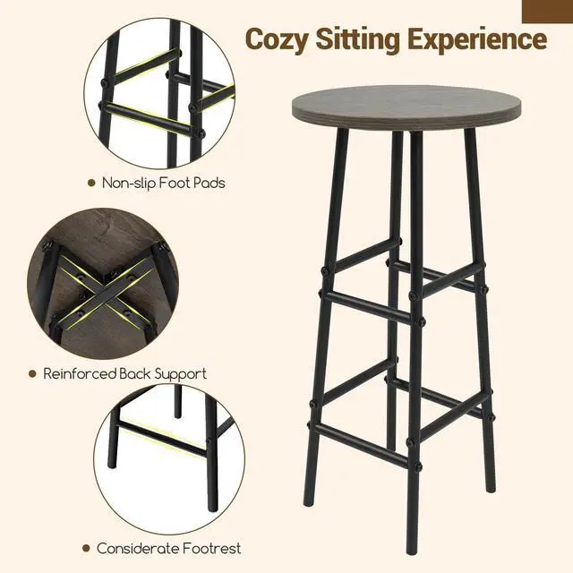 Alt view image 4 of 6 - 3 Pieces Bar Table and Stools Set, Bistro Table Set with Glass Holder, 2 Tier Wine Rack & Storage Shelves, Kitchen Counter Table with 2 Stools for Home, Dining Room, Restaurant (Oak Gray)