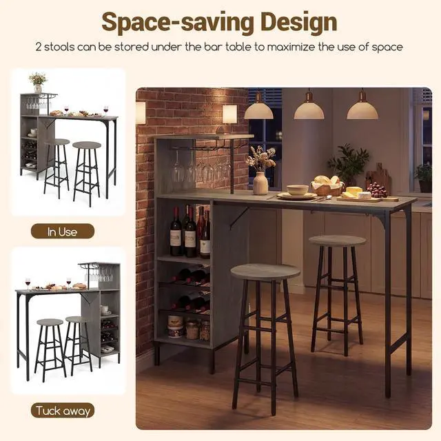 Alt view image 5 of 6 - 3 Pieces Bar Table and Stools Set, Bistro Table Set with Glass Holder, 2 Tier Wine Rack & Storage Shelves, Kitchen Counter Table with 2 Stools for Home, Dining Room, Restaurant (Oak Gray)