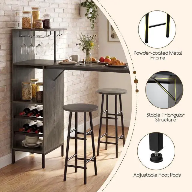 Alt view image 6 of 6 - 3 Pieces Bar Table and Stools Set, Bistro Table Set with Glass Holder, 2 Tier Wine Rack & Storage Shelves, Kitchen Counter Table with 2 Stools for Home, Dining Room, Restaurant (Oak Gray)
