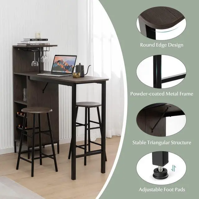 Alt view image 2 of 6 - 3 Pieces Bar Table and Stools Set, Bistro Table Set with Glass Holder, 2 Tier Wine Rack & Storage Shelves, Kitchen Counter Table with 2 Stools for Home, Dining Room, Restaurant, Pub (Brown)