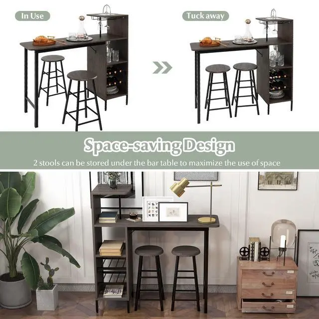 Alt view image 4 of 6 - 3 Pieces Bar Table and Stools Set, Bistro Table Set with Glass Holder, 2 Tier Wine Rack & Storage Shelves, Kitchen Counter Table with 2 Stools for Home, Dining Room, Restaurant, Pub (Brown)