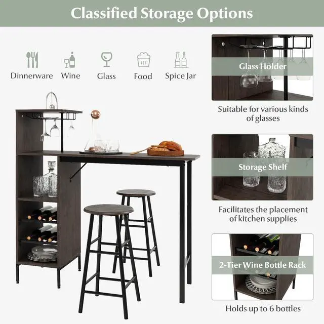Alt view image 5 of 6 - 3 Pieces Bar Table and Stools Set, Bistro Table Set with Glass Holder, 2 Tier Wine Rack & Storage Shelves, Kitchen Counter Table with 2 Stools for Home, Dining Room, Restaurant, Pub (Brown)