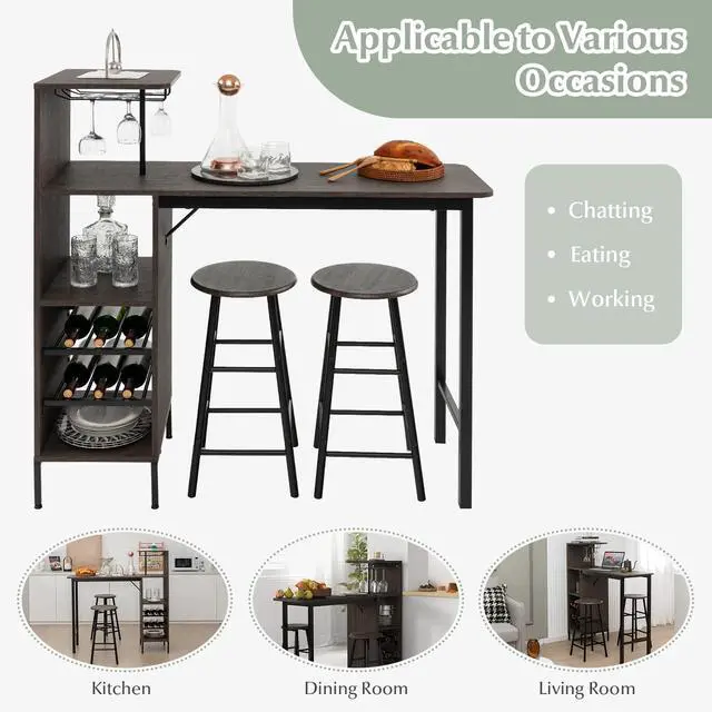 Alt view image 6 of 6 - 3 Pieces Bar Table and Stools Set, Bistro Table Set with Glass Holder, 2 Tier Wine Rack & Storage Shelves, Kitchen Counter Table with 2 Stools for Home, Dining Room, Restaurant, Pub (Brown)