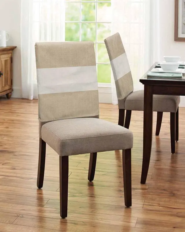 Alt view image 4 of 6 - Chair Back Cover for Dining Room Set of 6 Farmhouse Khaki and Vintage Brown Color Block Striped Kitchen Chair Protecter Slipcovers for Holiday Party,Weeding,Banquet,Events Decor Burlap Texture