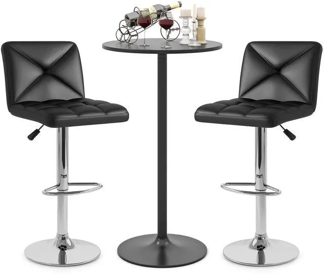 Main image of 3 Pieces Bar Table Set, Round Cocktail Table and PU Leather Adjustable Swivel Chairs, Modern Counter Height Furniture Set with 2 Bar Stools for Small Space, Kitchen, Office (Black+Black)