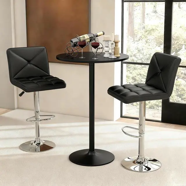 Alt view image 2 of 6 - 3 Pieces Bar Table Set, Round Cocktail Table and PU Leather Adjustable Swivel Chairs, Modern Counter Height Furniture Set with 2 Bar Stools for Small Space, Kitchen, Office (Black+Black)