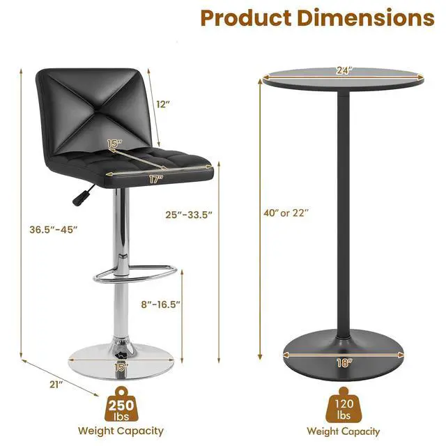 Alt view image 3 of 6 - 3 Pieces Bar Table Set, Round Cocktail Table and PU Leather Adjustable Swivel Chairs, Modern Counter Height Furniture Set with 2 Bar Stools for Small Space, Kitchen, Office (Black+Black)