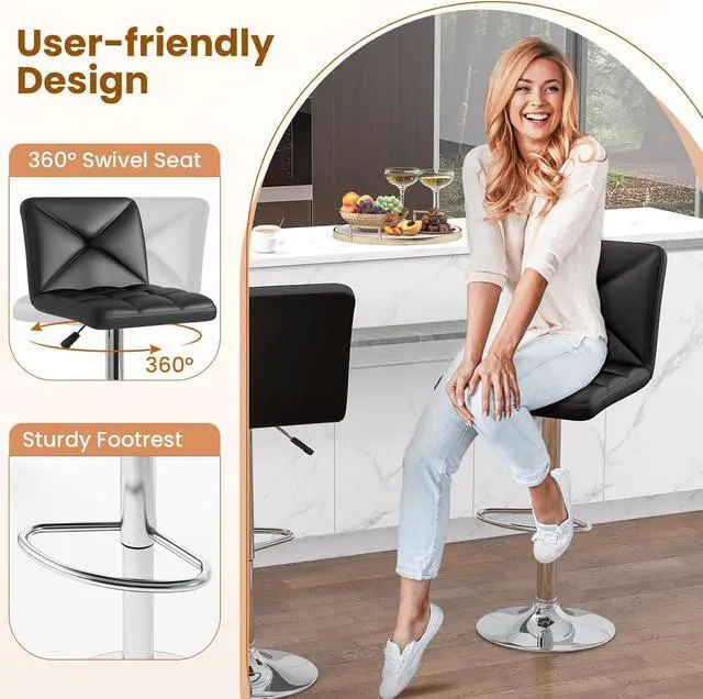 Alt view image 4 of 6 - 3 Pieces Bar Table Set, Round Cocktail Table and PU Leather Adjustable Swivel Chairs, Modern Counter Height Furniture Set with 2 Bar Stools for Small Space, Kitchen, Office (Black+Black)