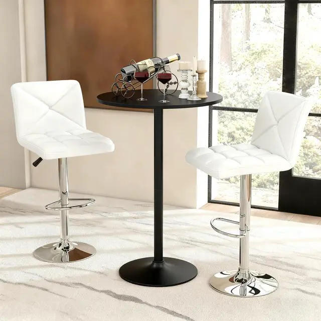 Alt view image 2 of 6 - 3 Pieces Bar Table Set, Round Cocktail Table and PU Leather Adjustable Swivel Chairs, Modern Counter Height Furniture Set with 2 Bar Stools for Small Space, Kitchen, Office (White+Black)