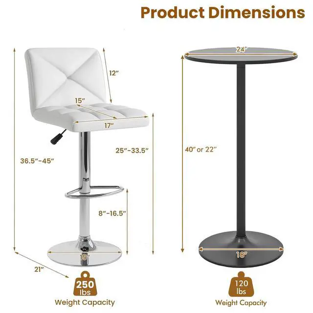 Alt view image 3 of 6 - 3 Pieces Bar Table Set, Round Cocktail Table and PU Leather Adjustable Swivel Chairs, Modern Counter Height Furniture Set with 2 Bar Stools for Small Space, Kitchen, Office (White+Black)