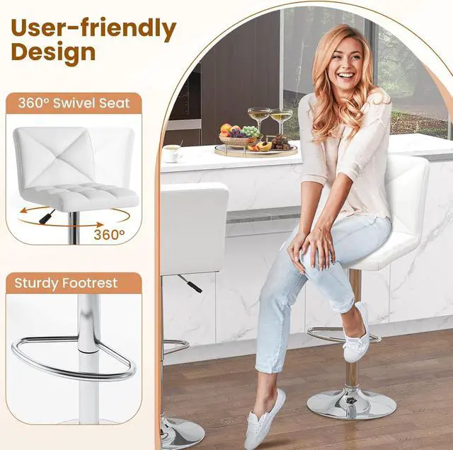 Alt view image 5 of 6 - 3 Pieces Bar Table Set, Round Cocktail Table and PU Leather Adjustable Swivel Chairs, Modern Counter Height Furniture Set with 2 Bar Stools for Small Space, Kitchen, Office (White+Black)