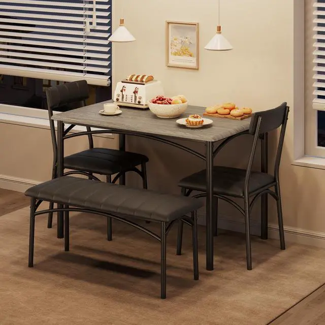 Main image of Dining Table Set for 4, Kitchen Table with Upholstered Bench and 2 Chairs, 4-Piece Wooden Dining Table Set for Apartment, Dining Room, Small Space, Gray