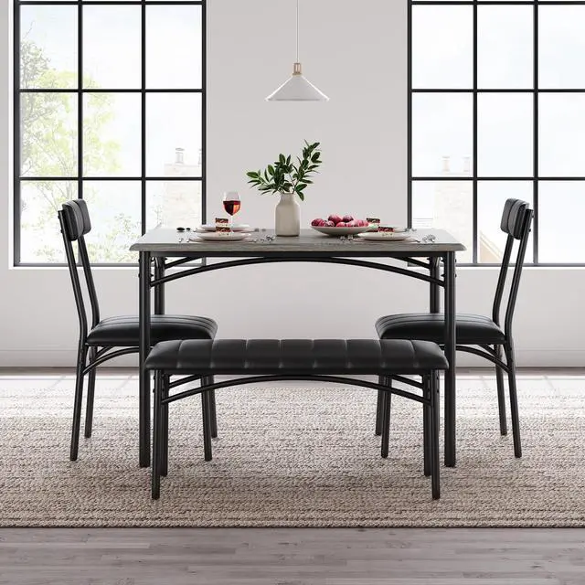 Alt view image 2 of 6 - Dining Table Set for 4, Kitchen Table with Upholstered Bench and 2 Chairs, 4-Piece Wooden Dining Table Set for Apartment, Dining Room, Small Space, Gray